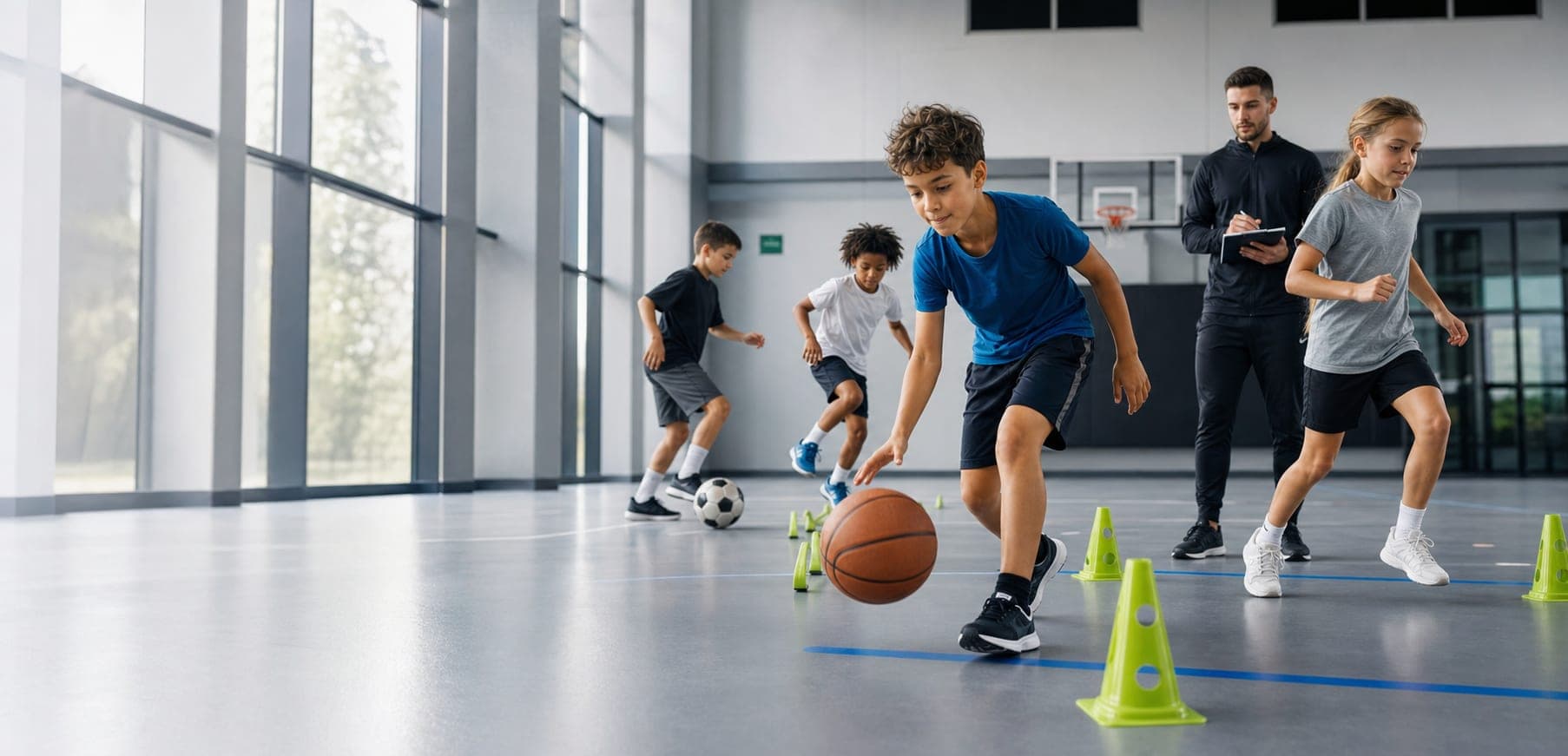Дети проходят упражнения по баскетболу и футболу под наблюдением тренера